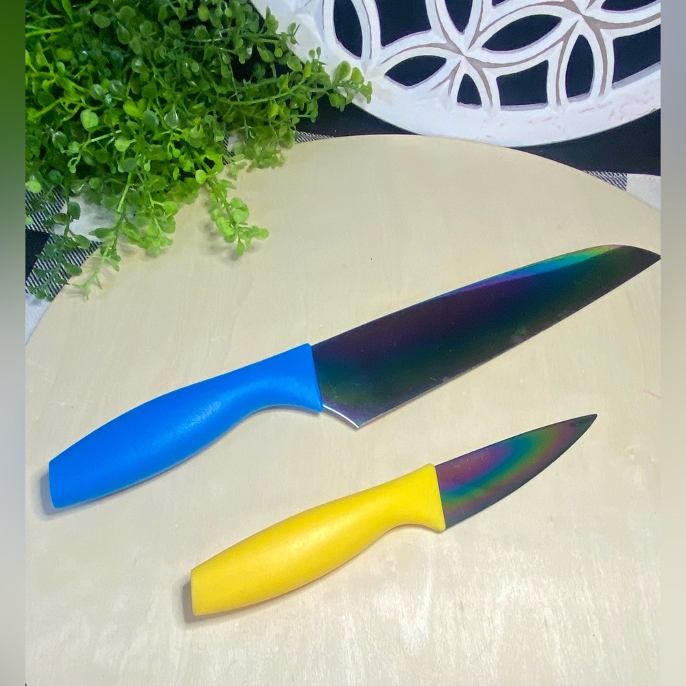 Rainbow Chef and Paring Knife‎ Set - Blue 8”Chef and 3.5” Paper Yellow - Picture 4 of 4